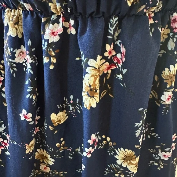 ROMWE Off Shoulder Floral Dress Navy Blue Ruffle Boho Mini Dress - Picture 4 of 4